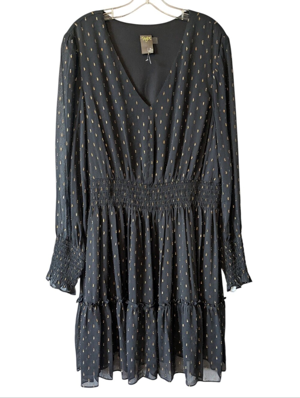 Taylor Black Dress with Gold Dot Print and Smocked Waist Sz. 16W